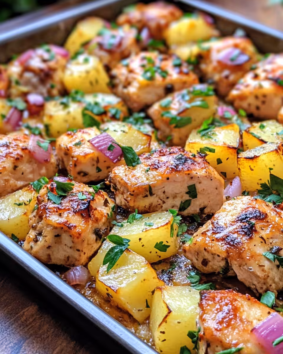 Ingredients combined in bowl for Hawaiian chicken sheet pan with pineapple and bell peppers