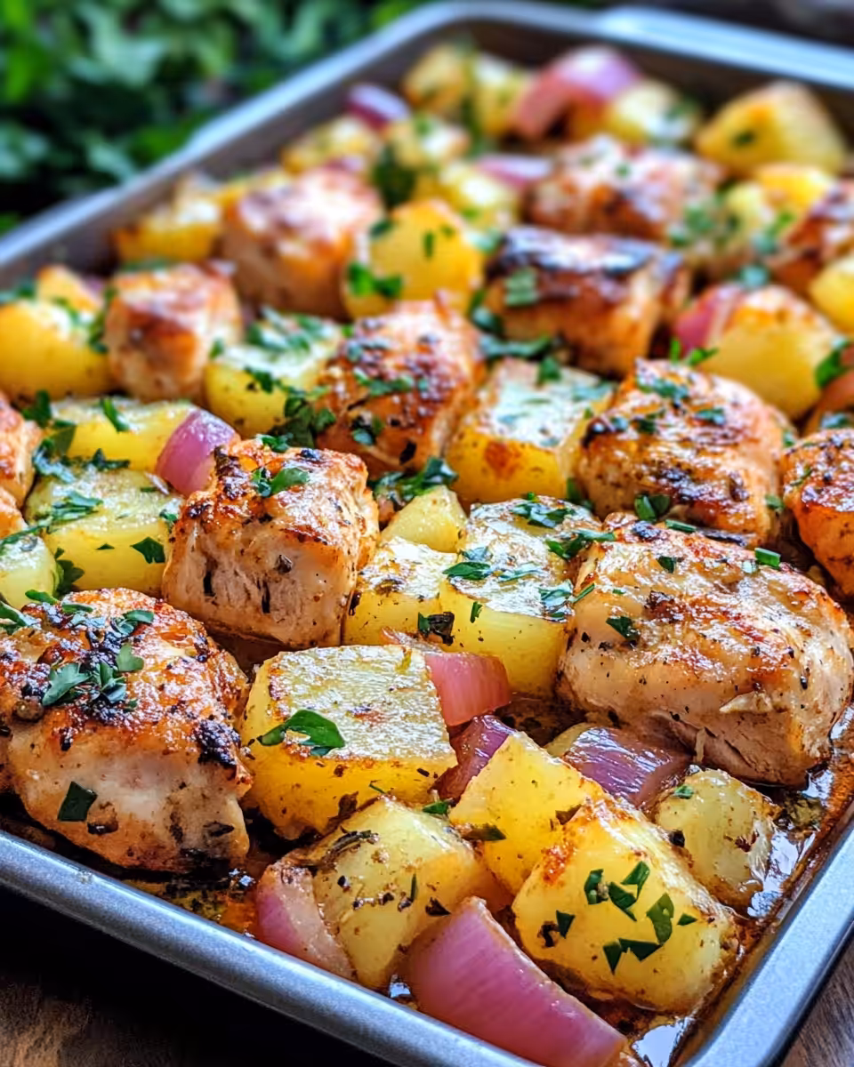 Finished Hawaiian chicken sheet pan meal served on a plate garnished with sesame and cilantro