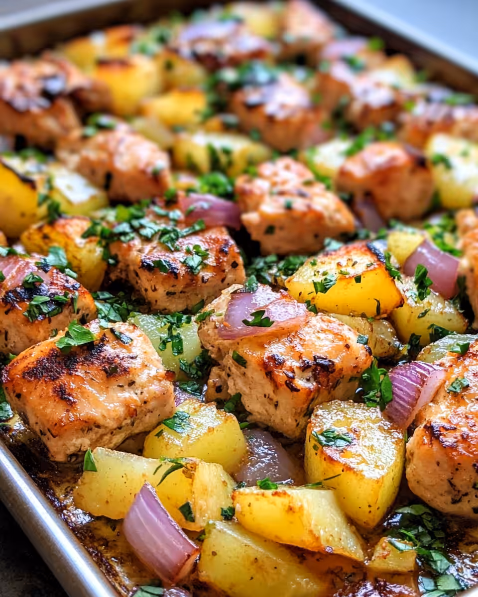 Close up of juicy Hawaiian chicken sheet pan meal fresh from oven
