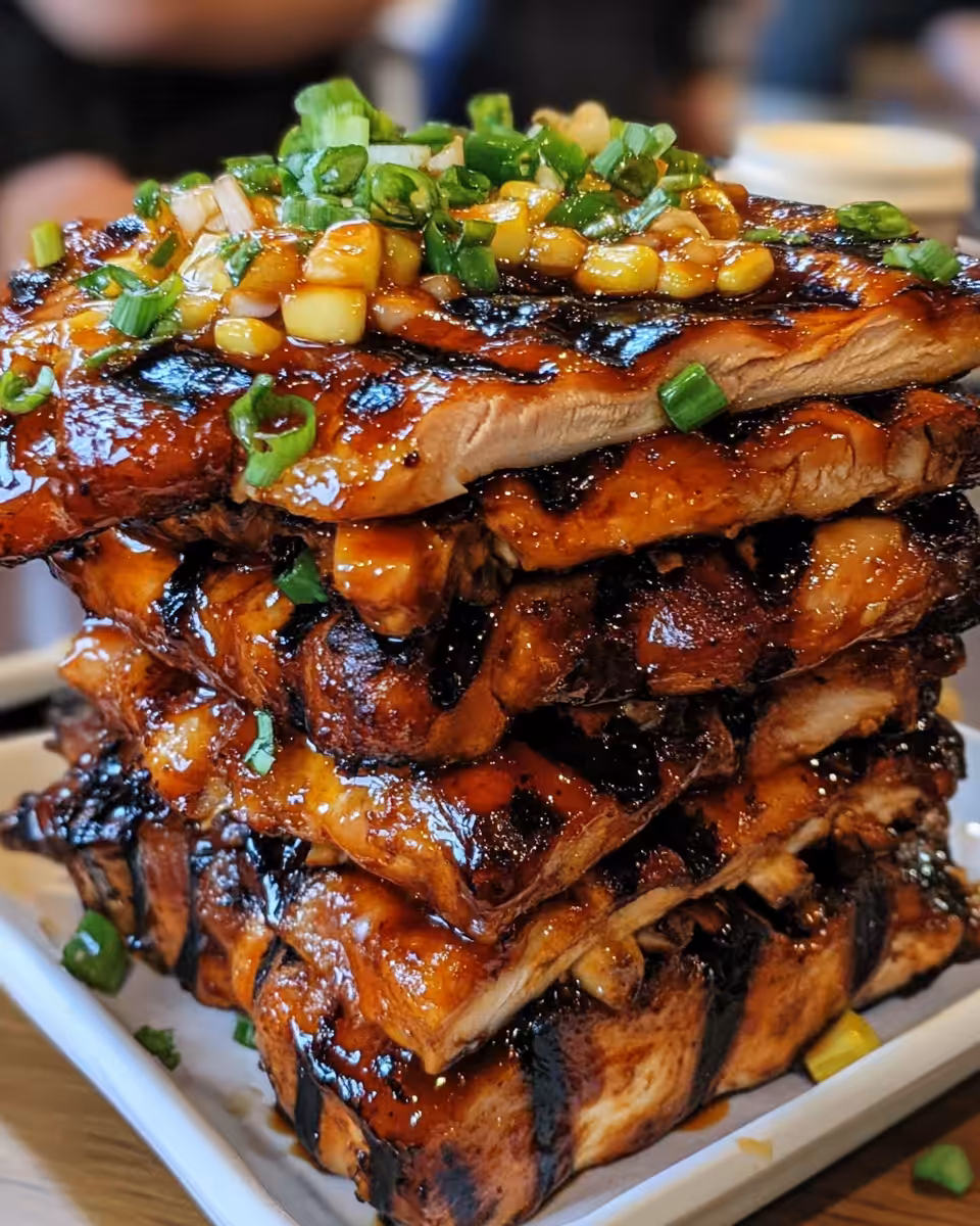 Close-up of Hawaiian huli huli chicken stack ready to serve