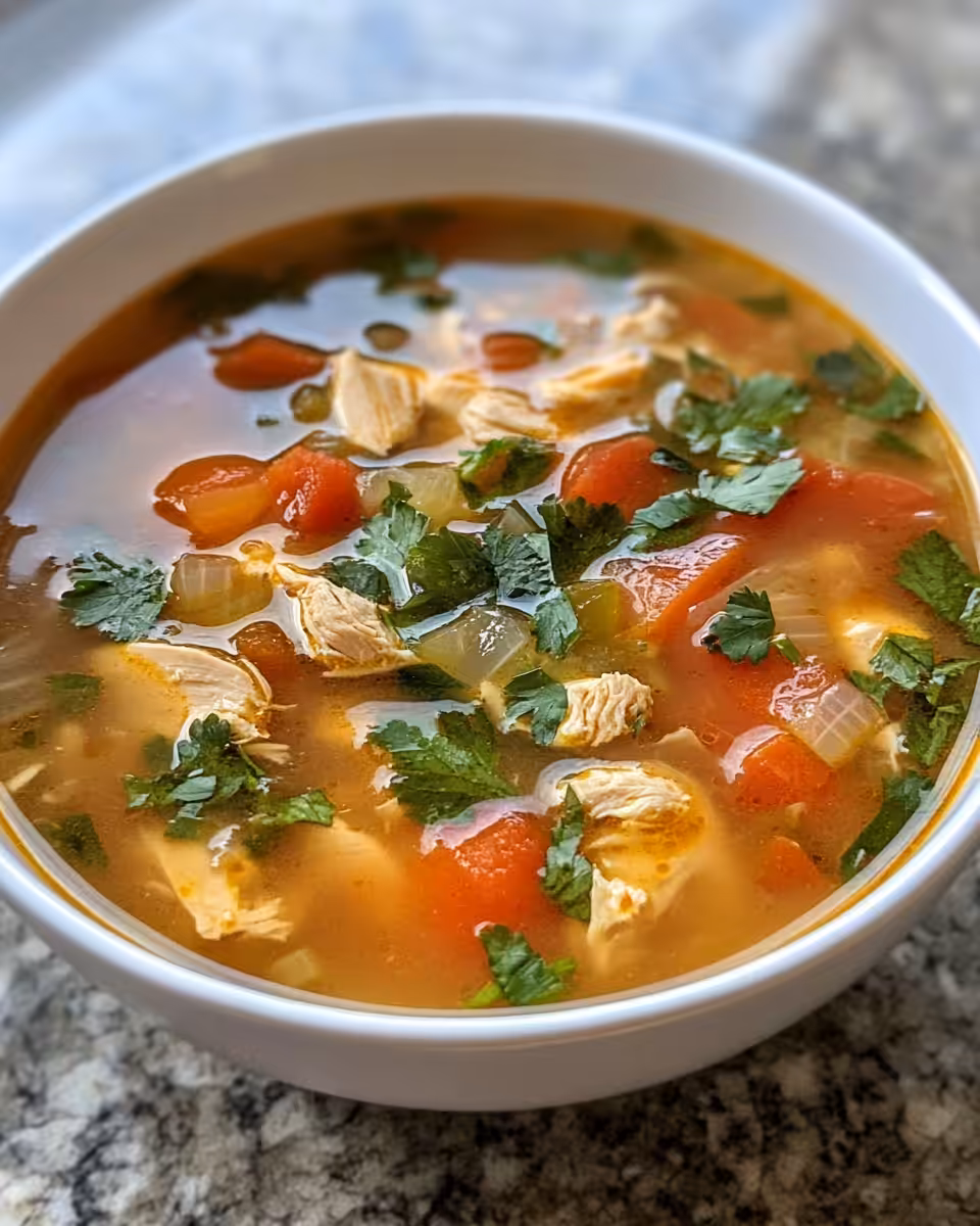 Hearty bowl of healing chicken soup garnished with fresh parsley and lemon