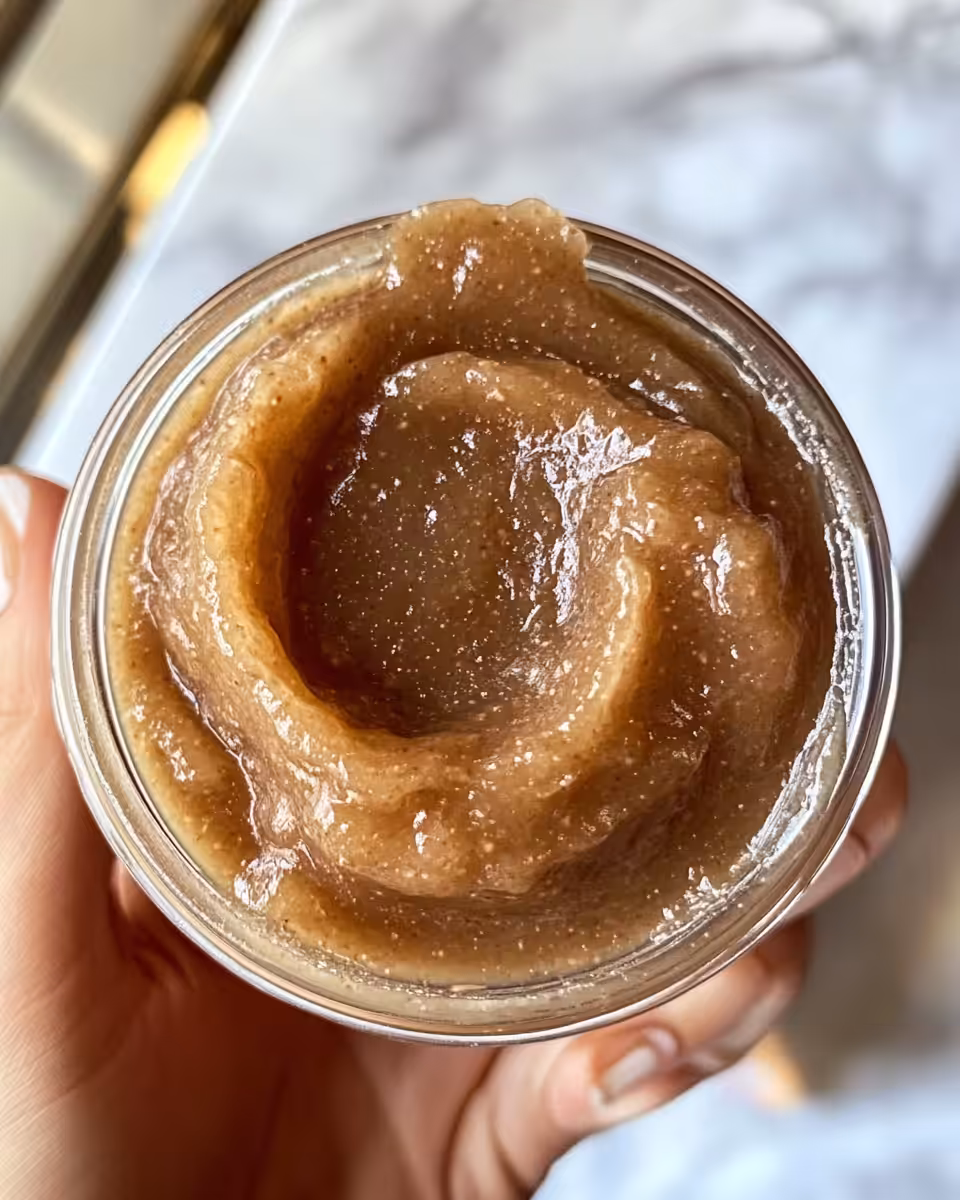 Freshly made apple butter spooned onto toast for serving
