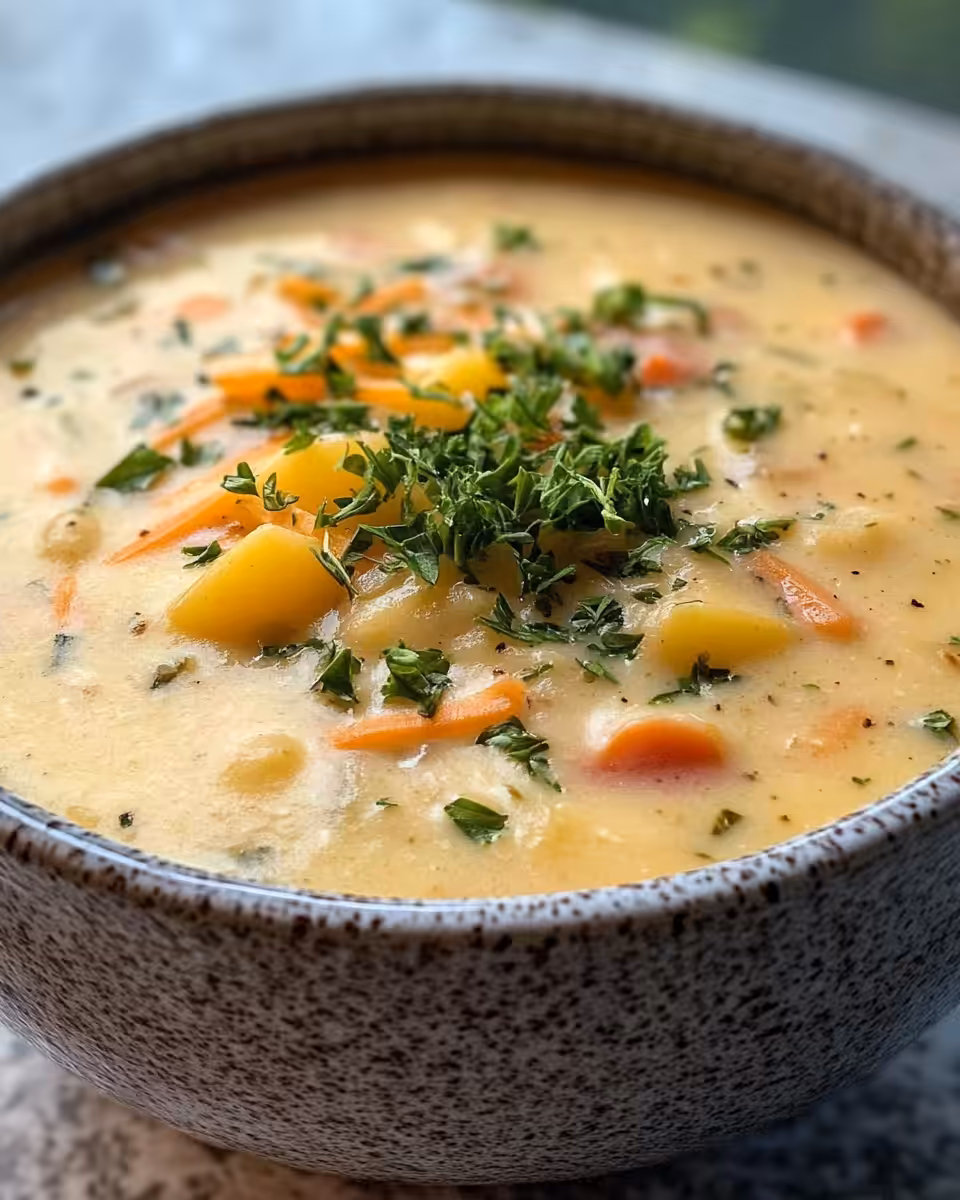 Final creamy cheddar garlic herb potato soup ready to serve