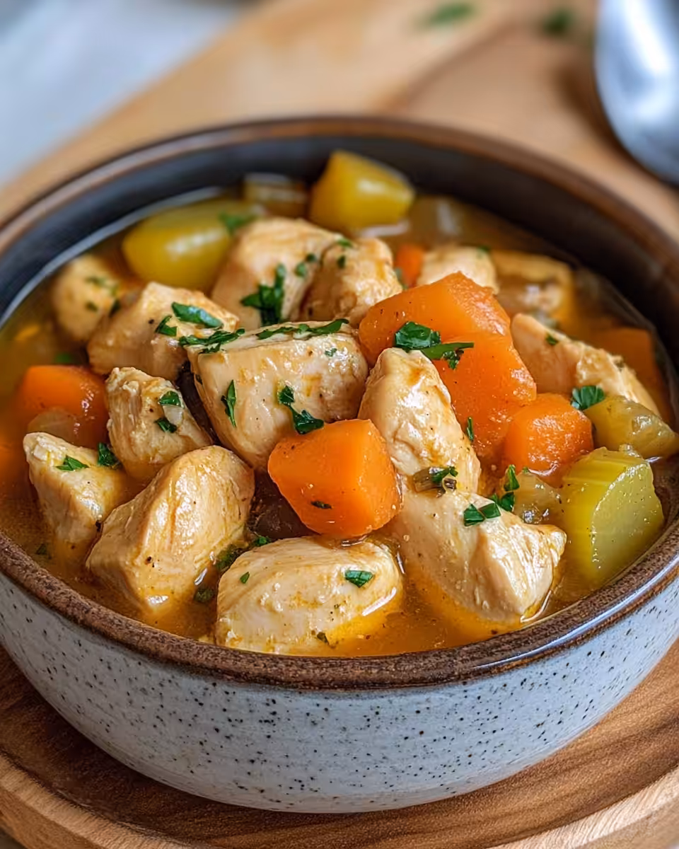 Close-up of diced chicken meatballs forming in the stew