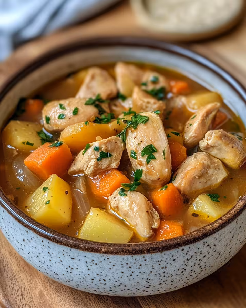 Steam rising from pressure cooker with hearty chicken stew inside