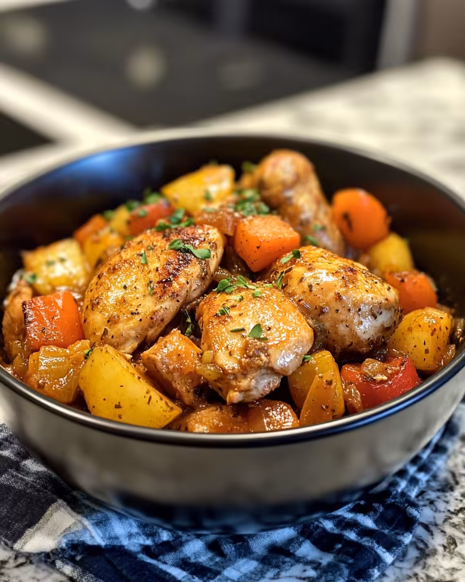 Tender stewed chicken with vegetables served in a bowl