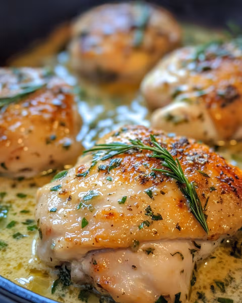 Pressure cooker chicken roasting in creamy white wine sauce in skillet