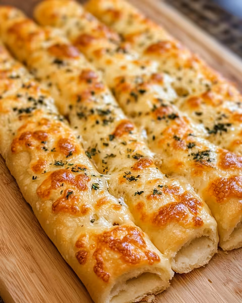 Served cheesy breadsticks with golden cheese and dipping sauce