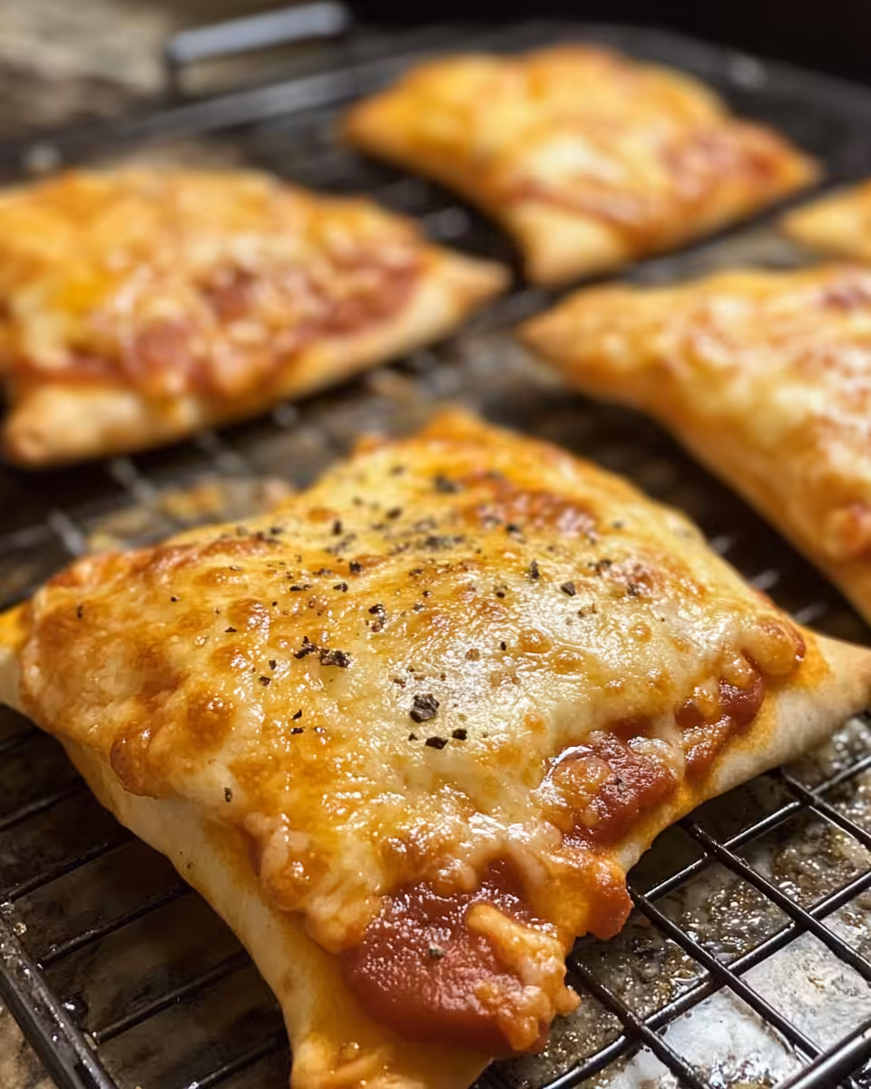 Freshly baked cheesy pizza pockets served on a plate