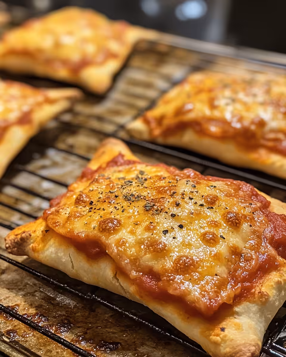 Close up of homemade cheesy pizza pockets melting cheese and golden crust