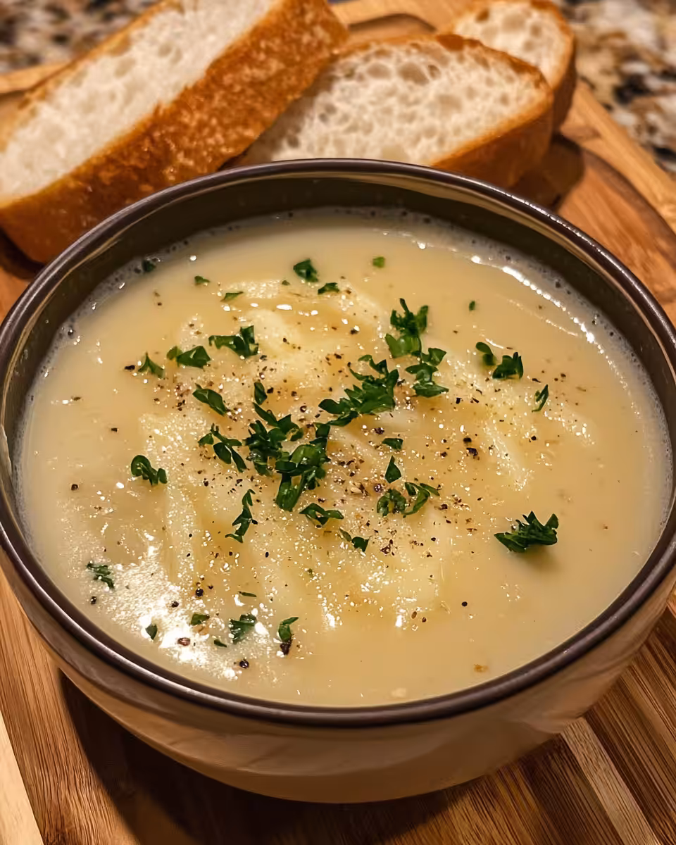 Bowl of finished Tuscan white bean soup with fresh spinach garnish