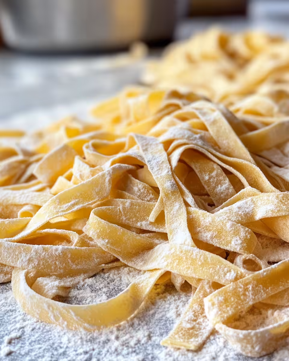 Rolled out fresh pasta dough slices on floured surface