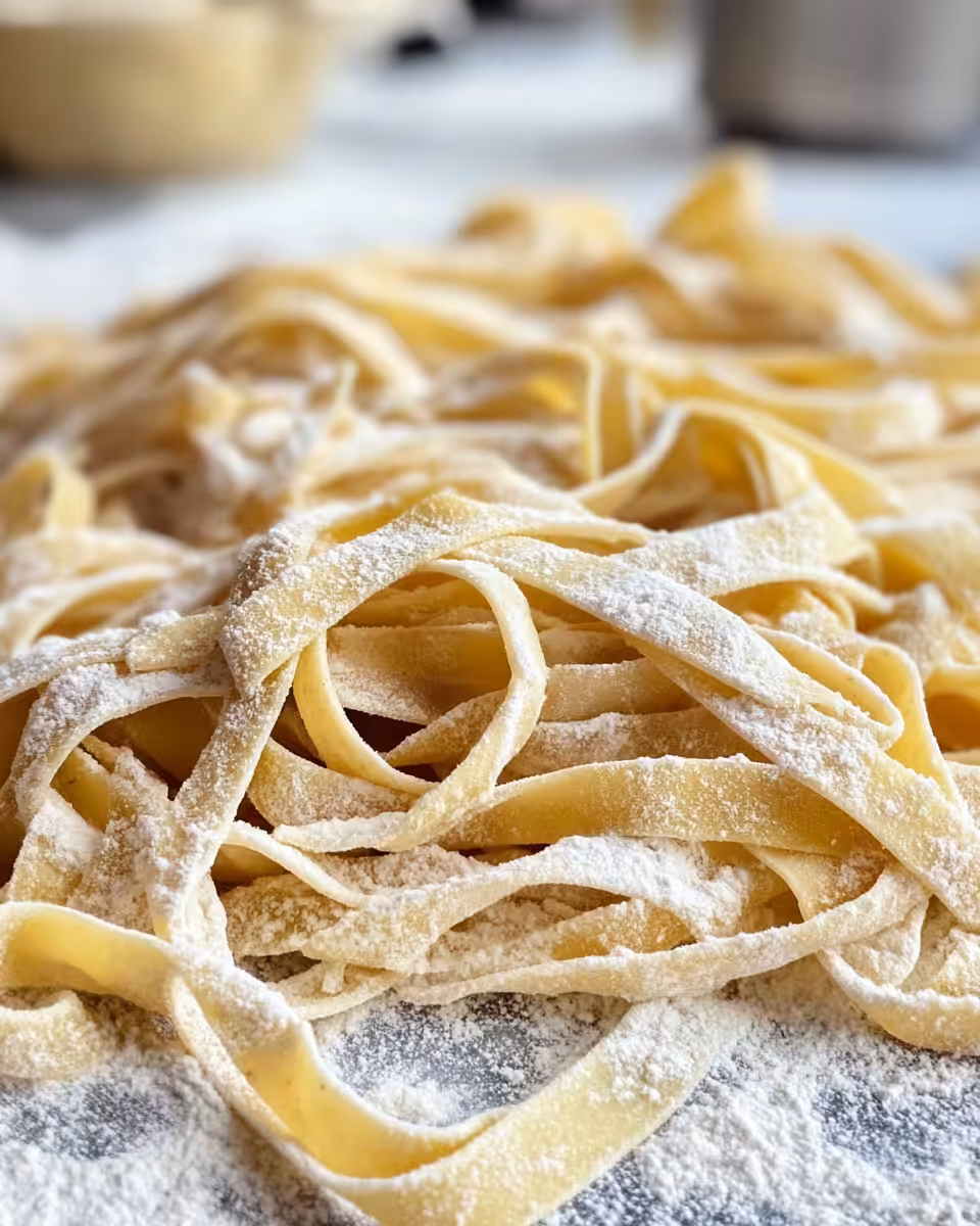 Freshly prepared homemade pasta dough on wooden surface
