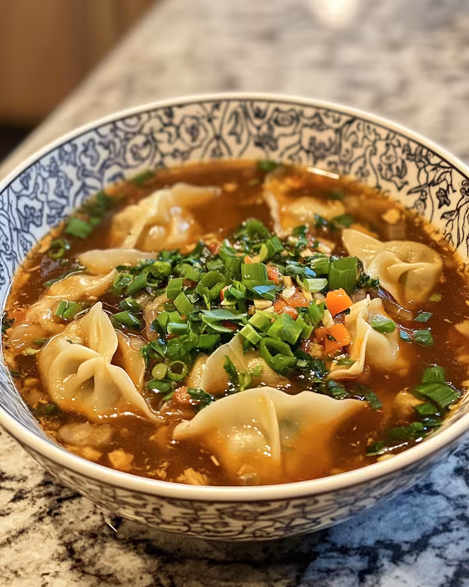 Finished potsticker soup served in bowls with garnish