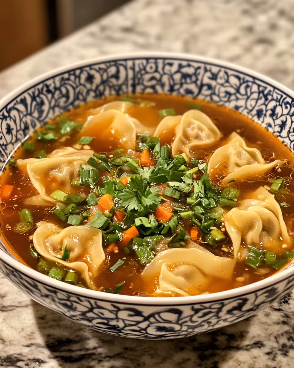 Close-up of aromatic garlic and ginger steaming in potsticker soup