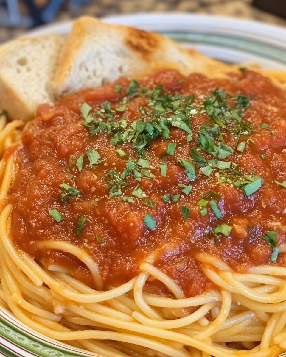 Served pasta with homemade spaghetti sauce and fresh herbs