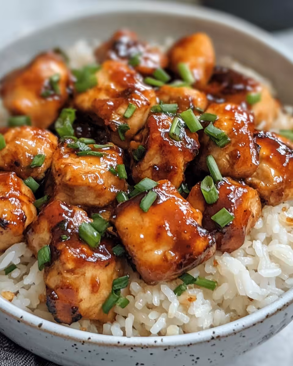 Final assembled honey BBQ chicken rice bowl ready to eat with toppings