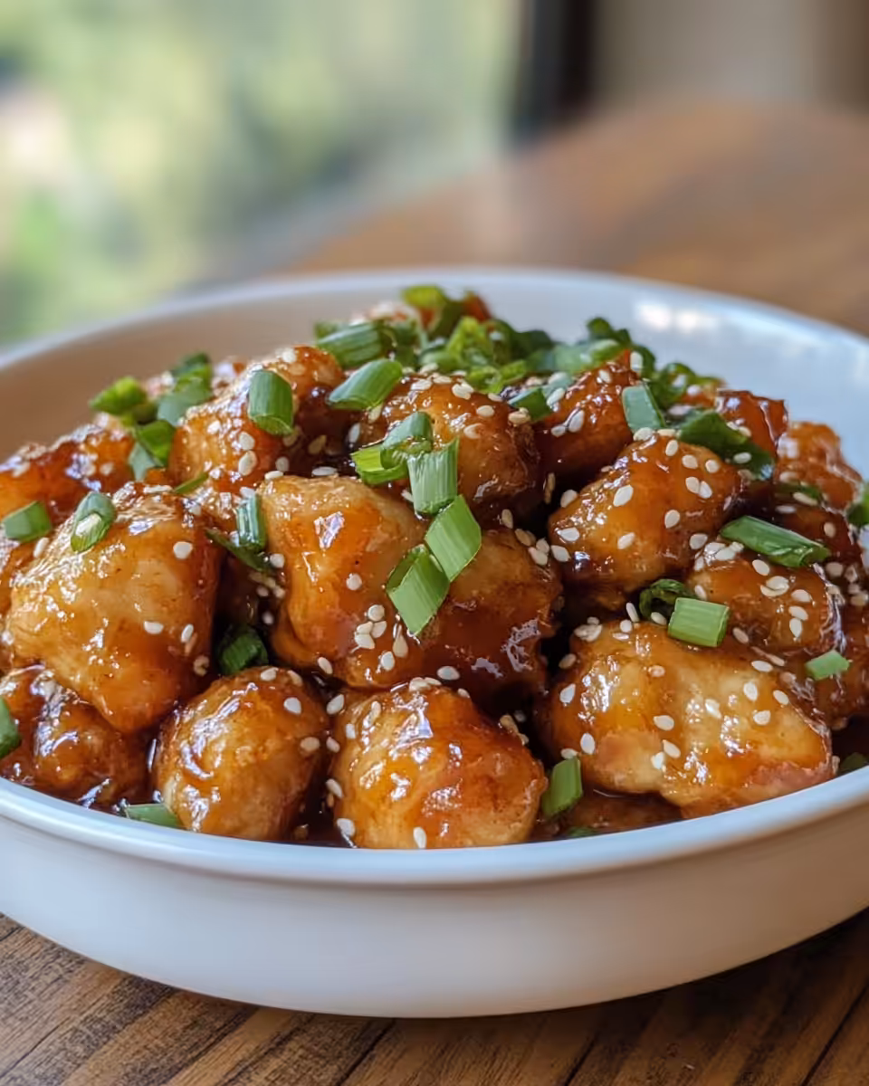 Served honey garlic chicken topped with peanuts and herbs on plate