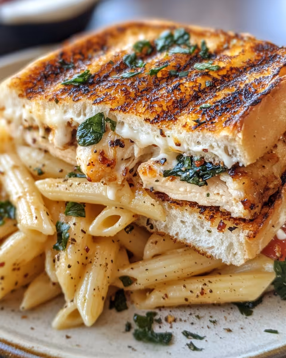 Honey pepper chicken panini pasta in skillet with creamy sauce
