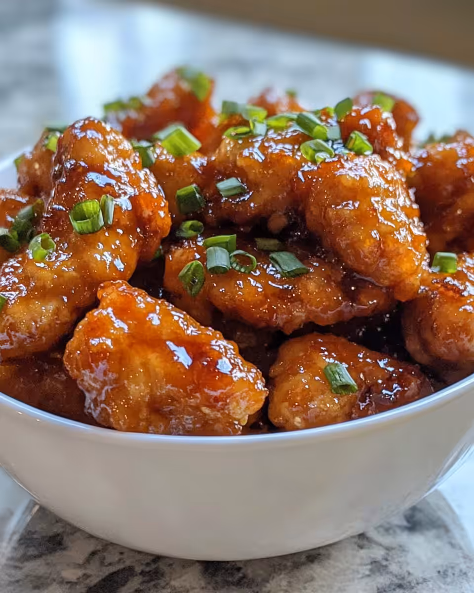 Hot honey chicken tenders in skillet with thickened sauce and green onions