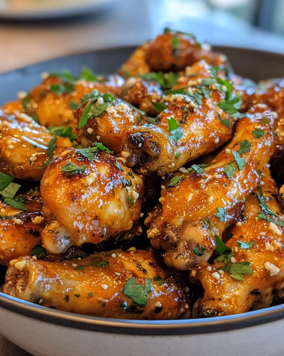 Close up of crispy hot honey glazed chicken tenderloins garnished with fresh herbs