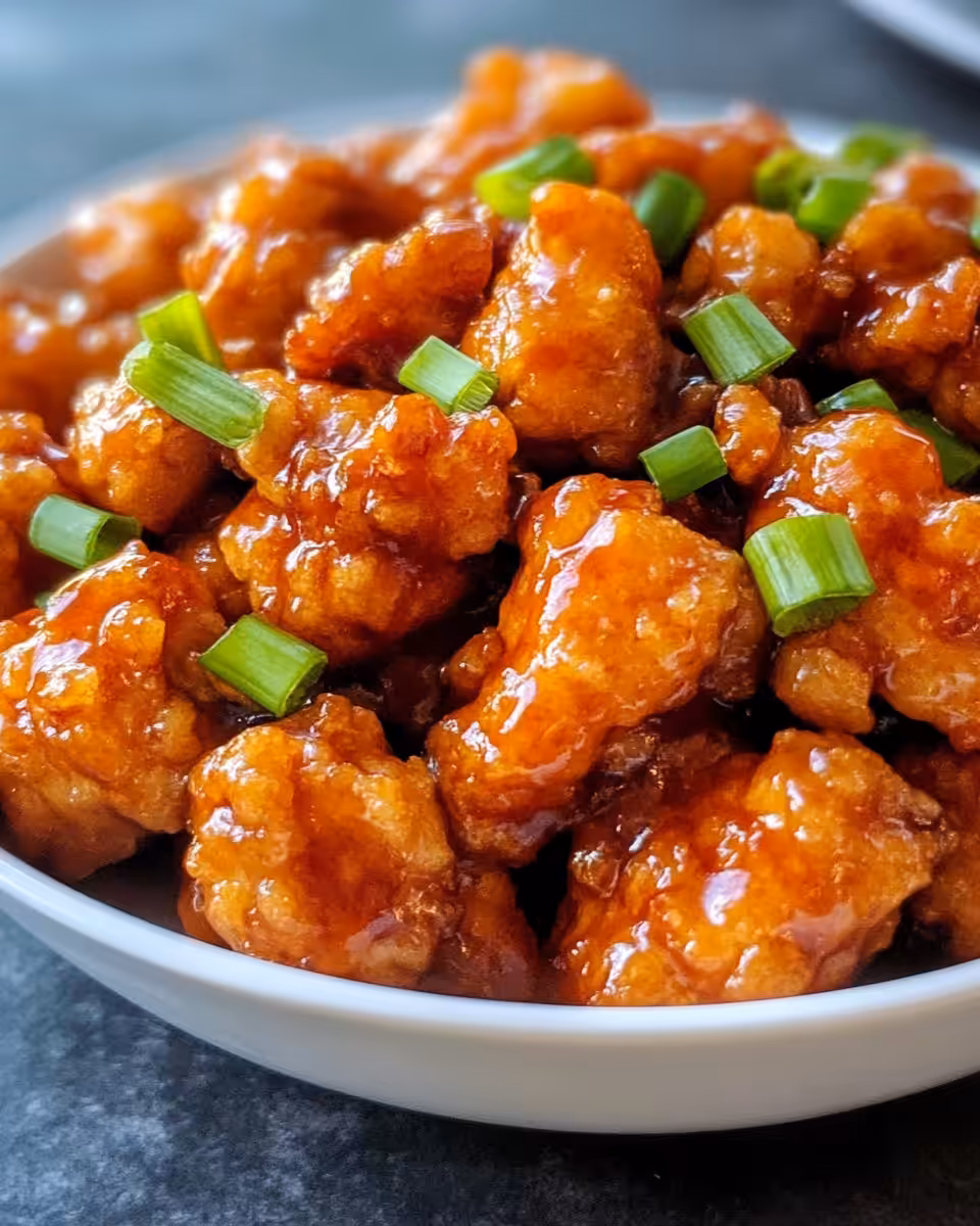 Served orange chicken on plate with sauce and sides