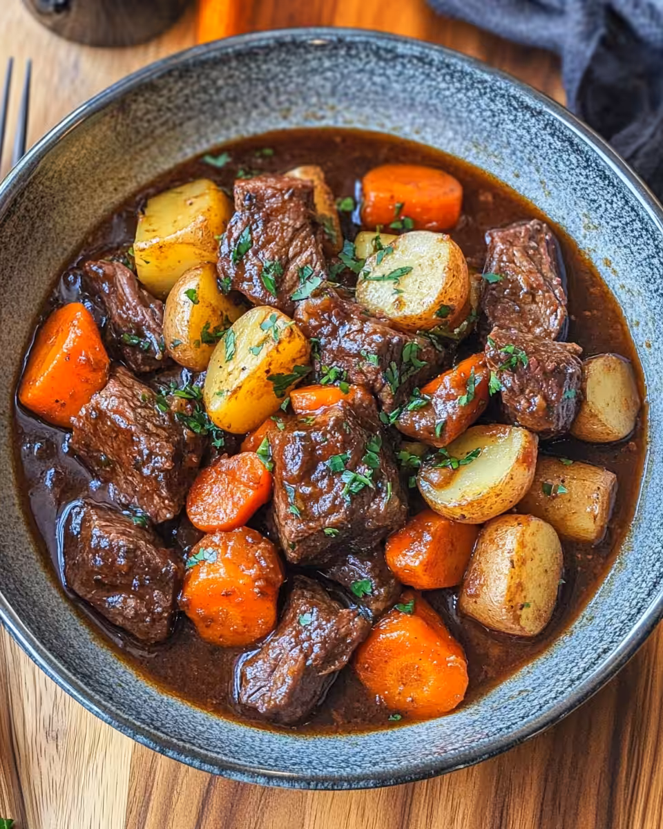 Finished red wine braised beef stew served over mashed potatoes