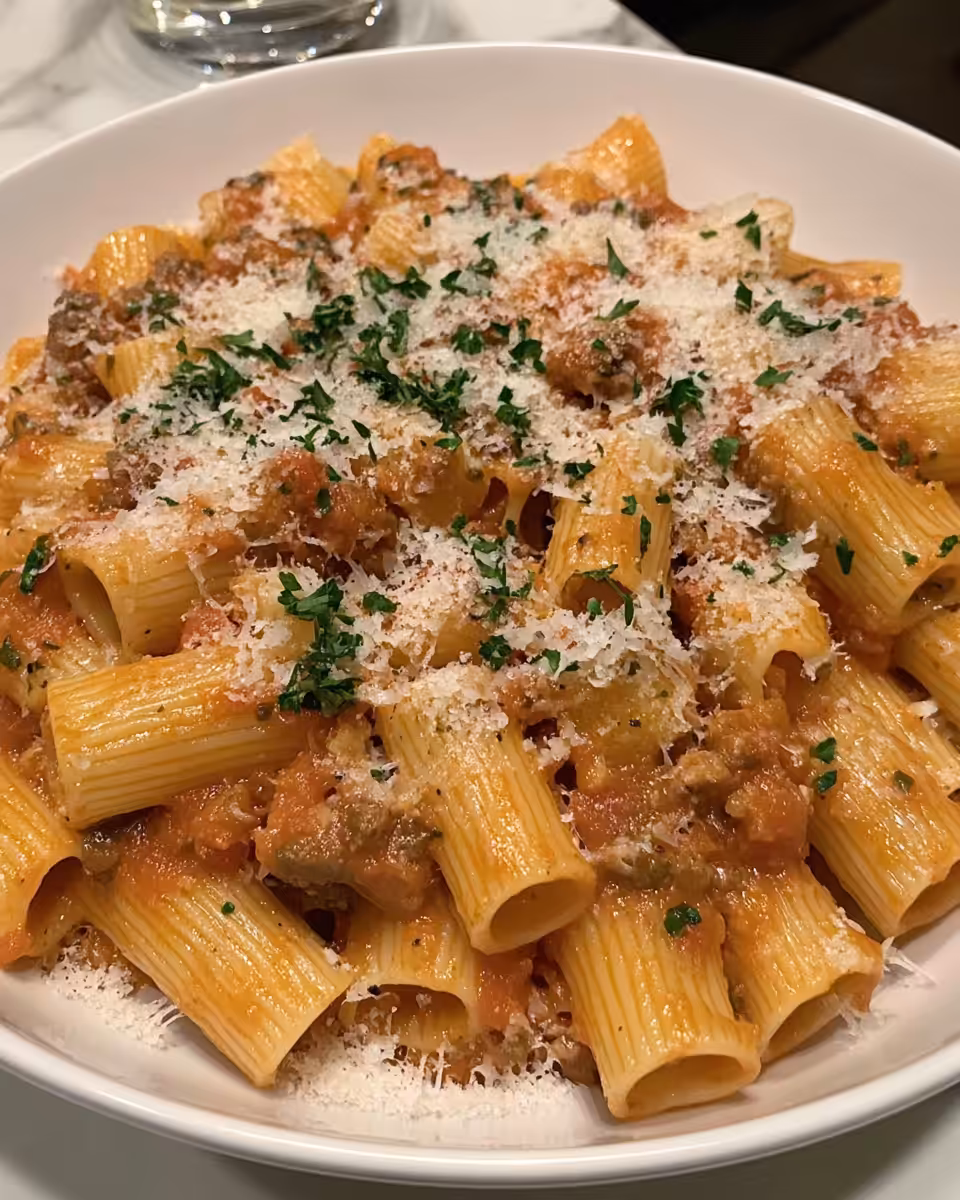 Serving of shrimp pasta garnished with parsley and Parmesan cheese