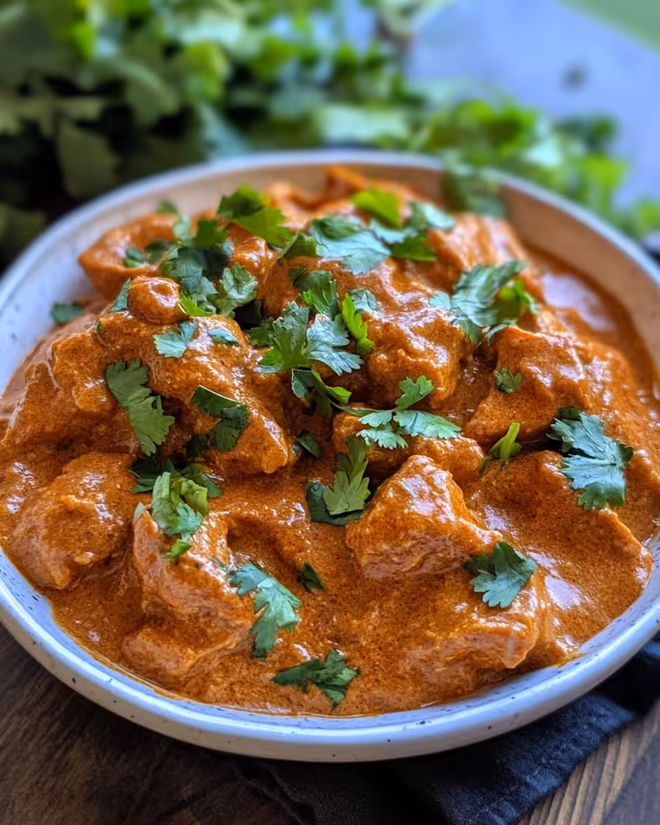 Creamy Indian butter chicken served in a bowl garnished with coriander