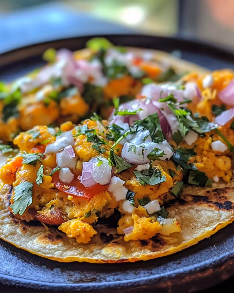 Indian chicken smash tacos served with fresh raita and chutney on a plate