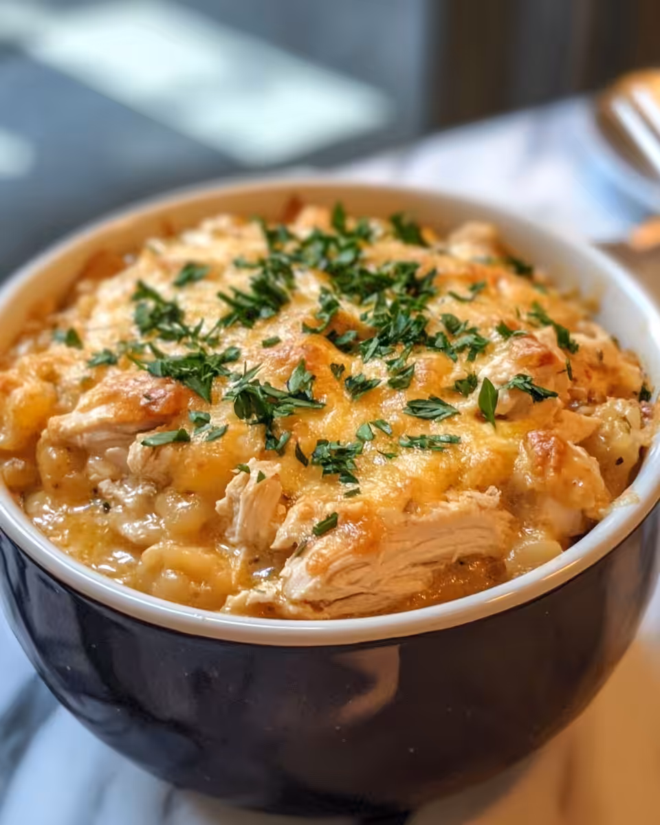 Ingredients and layers of chicken casserole prepared in Instant Pot