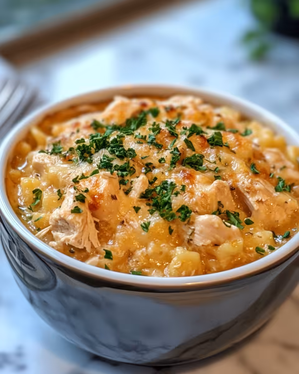 Final cooked chicken casserole served with melted cheese and fresh diced tomatoes