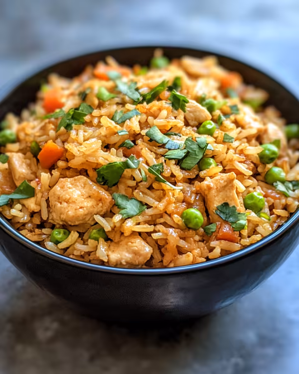 Fresh ingredients for Instant Pot chicken fried rice including chicken, rice, peas, carrots