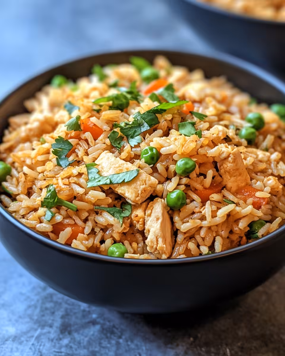 Served chicken fried rice on a plate with garnish and soy sauce