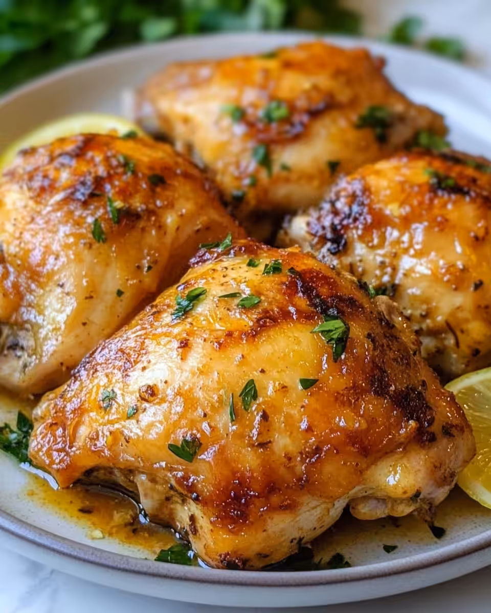 Golden baked lemon garlic chicken thighs plated with lemon slices and parsley garnish