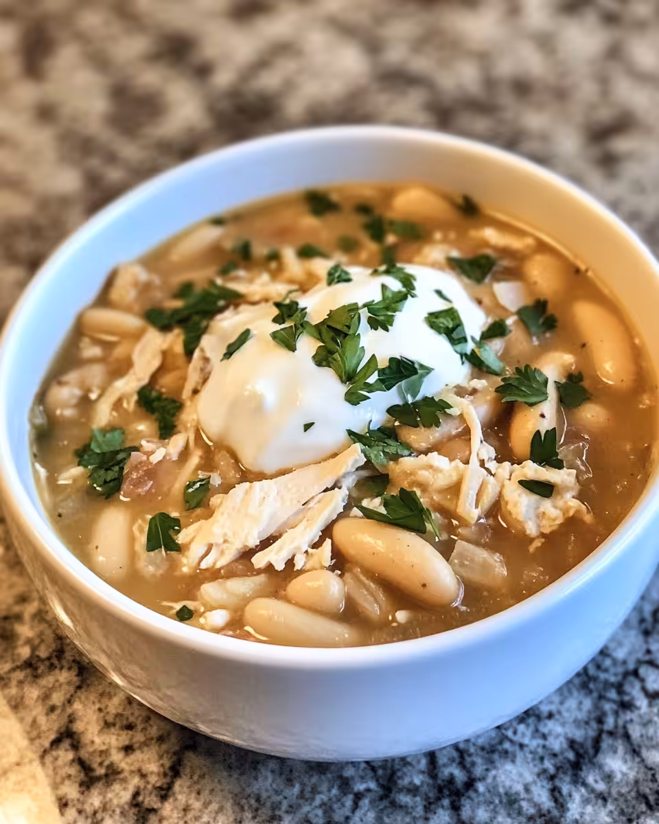 Perfectly served bowl of creamy white chicken chili with garnishes