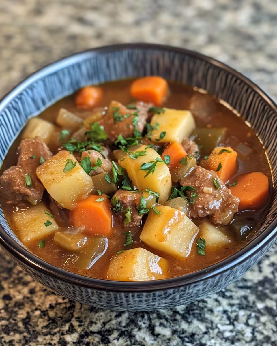 Served Irish vegetarian stew garnished with fresh parsley