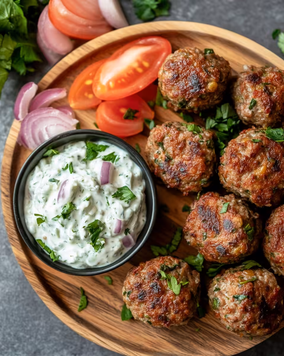 Served baked Greek lentil meatballs with tzatziki and pita bread