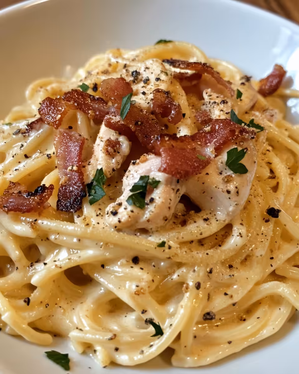 Finished creamy brussels sprouts carbonara topped with crispy bacon served in bowl