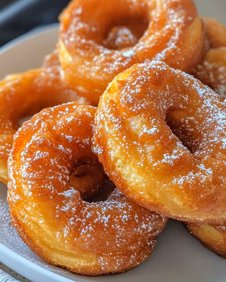 Golden glazed French crullers served fresh and ready to eat