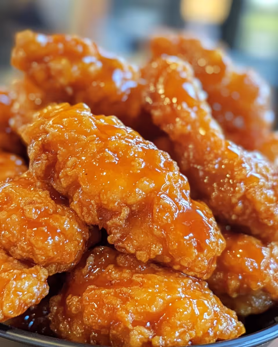 Crispy golden hot honey chicken tenders served with sauce for dipping