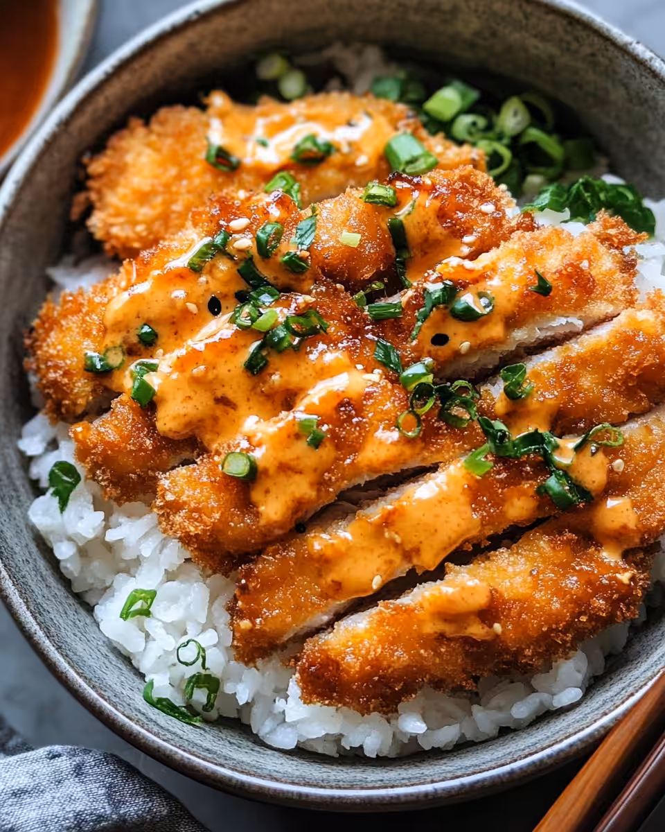 Assembled Japanese Katsu Bowl with crispy pork strips, cabbage, green onion and tonkatsu sauce