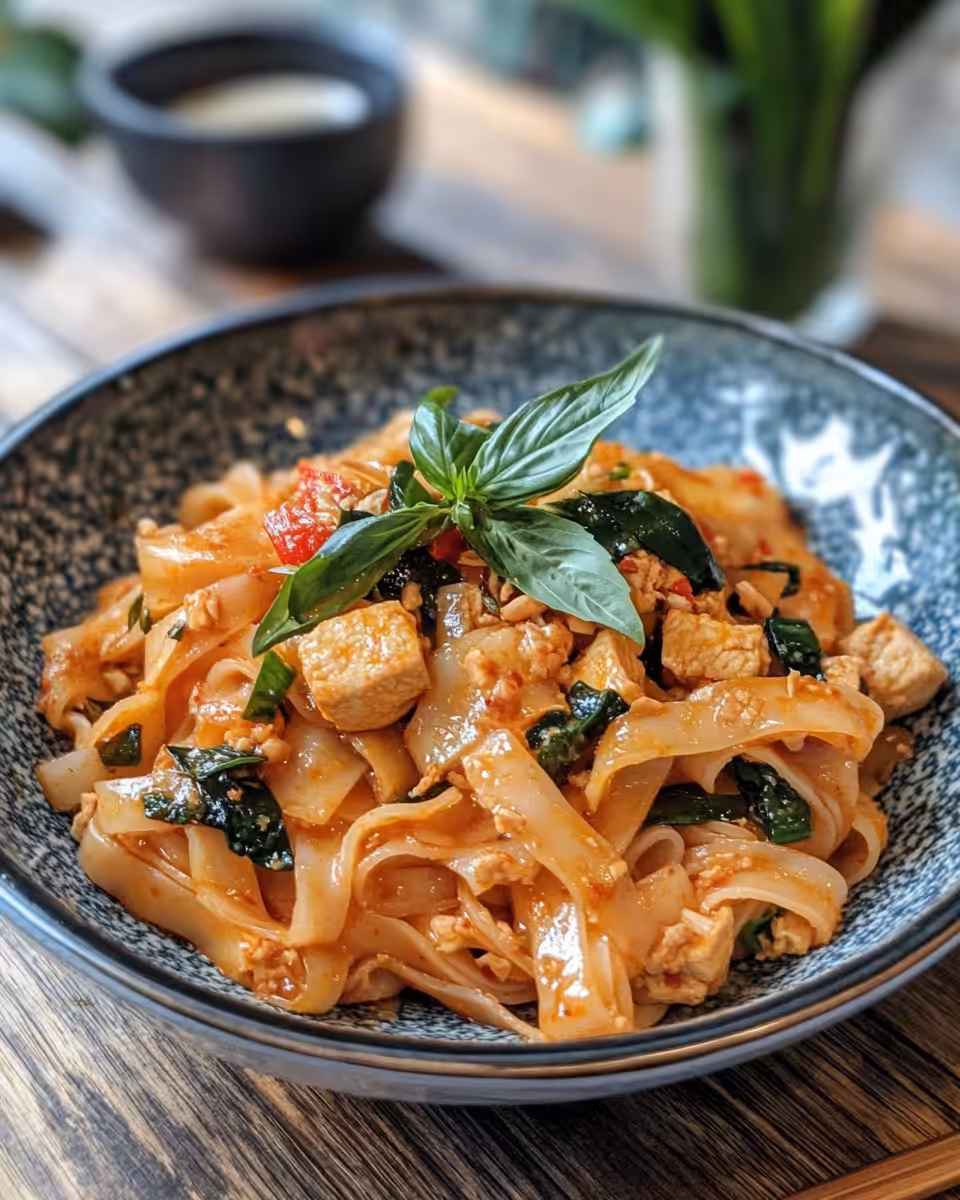 Finished Thai drunken noodles served garnished with basil and peppers