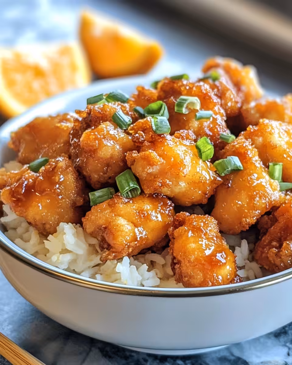 Serving of irresistible crispy orange chicken coated in sauce