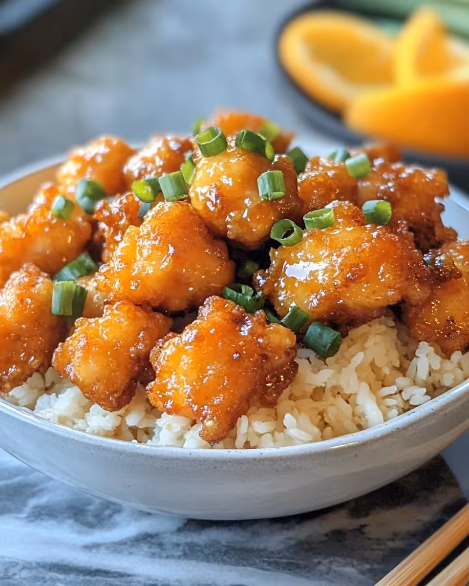 Pressure cooker cooking orange chicken with valve steam hiss