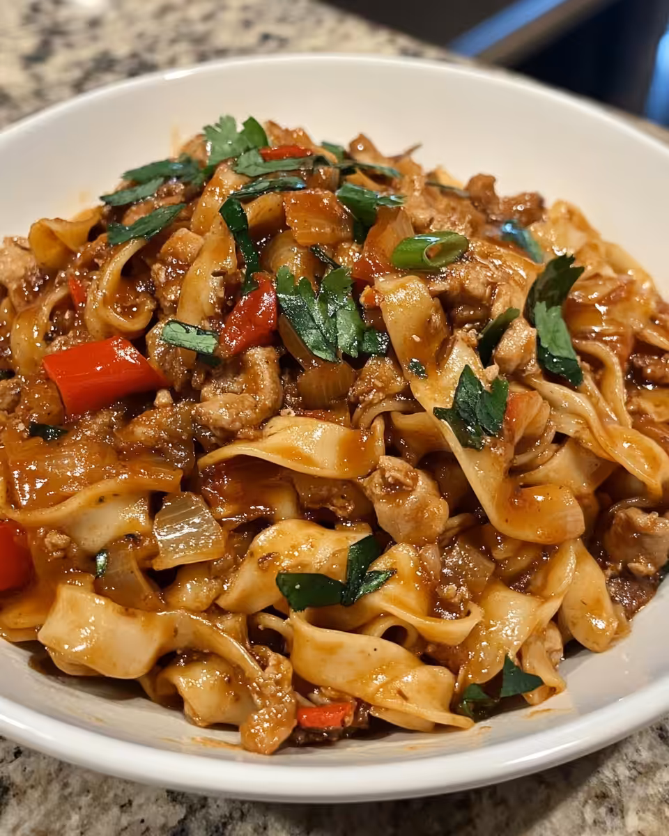 Ingredients including bell peppers, onions, garlic and Italian sausage for Italian Drunken Noodles