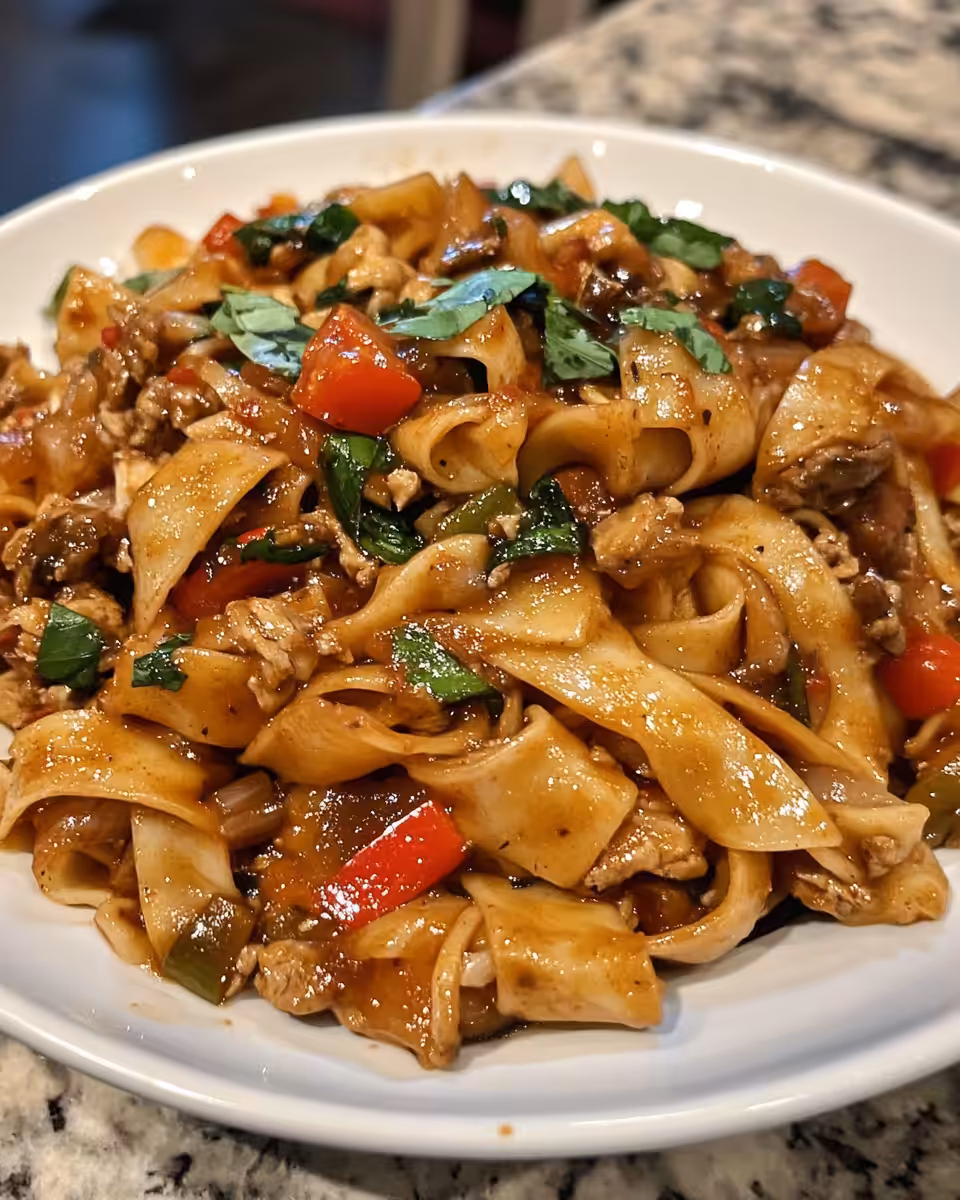 Ready to serve Italian Drunken Noodles with fresh herbs and parmesan