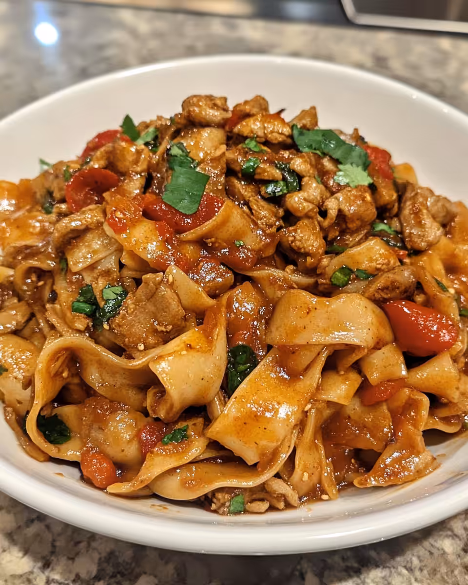 Steam rising over Italian Drunken Noodles cooking in pressure cooker