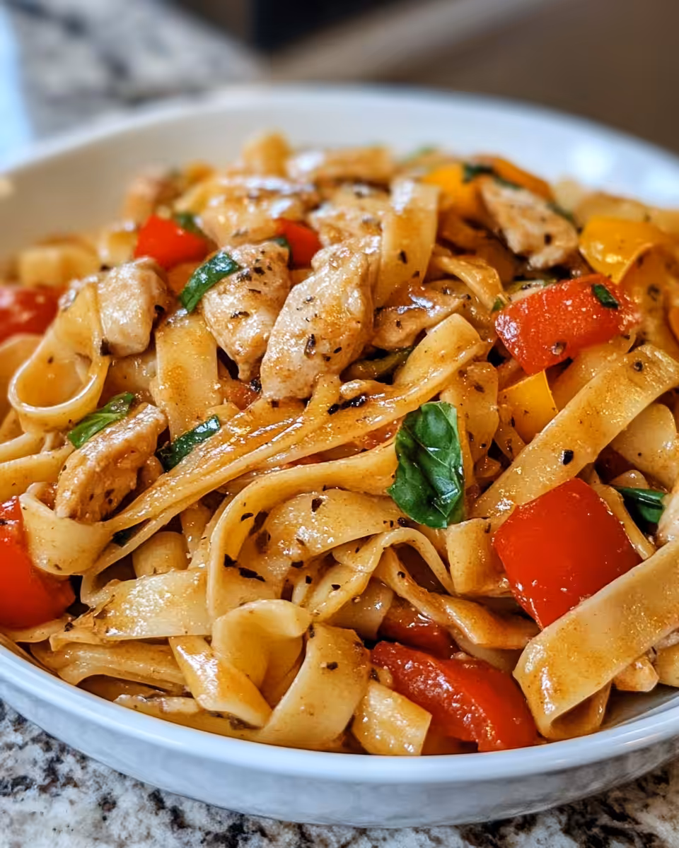 Serving bowl of Italian drunken noodles with parsley garnish