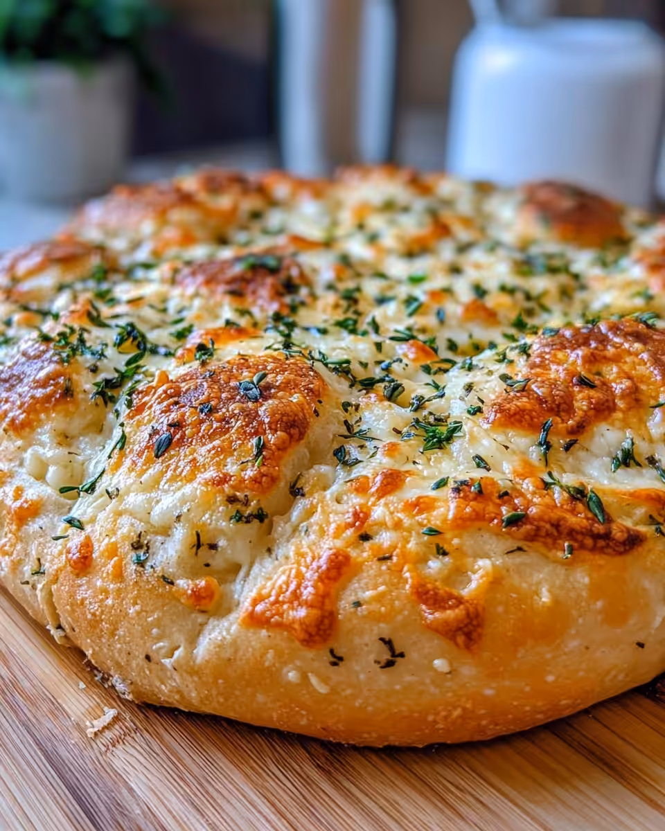 Sliced Italian herb cheese bread showing gooey melted cheese inside
